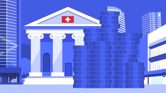 Young Businessman Looking at Financial Bank Vault Building and Investment Icons 2D Animation