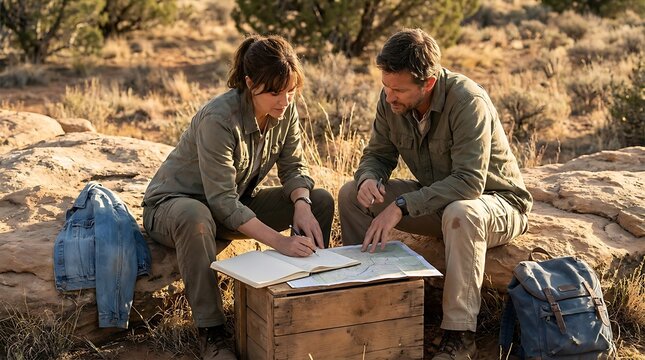 Couple studying map in remote wilderness area, planning adventure and exploration