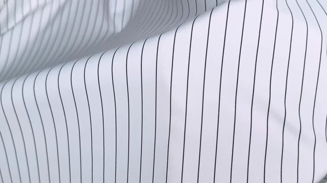 Close up of white cotton shirting fabric featuring fine black vertical stripes held by hands demonstrating smooth surface texture and slight stretchability.