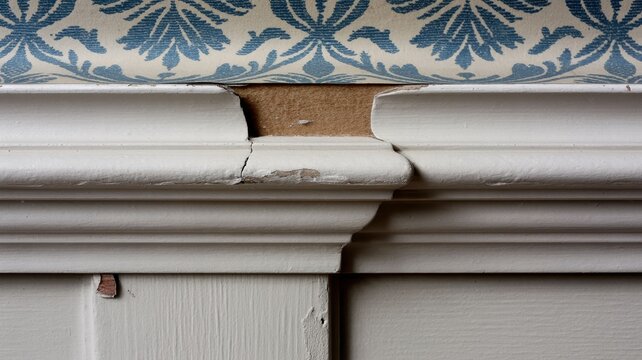 Wooden Trim Close-Up Showing Cracked Paint, Weathered Texture, and Seam Detail with Decorative Blue Fabric Background