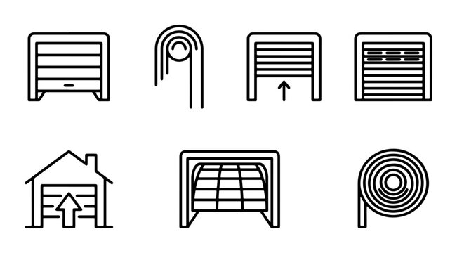 Garage Door Icons Set, Roll Up Door Vector Graphics, Modern Entrance Symbols, Home Security Elements