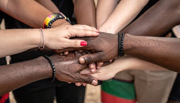 Diverse group of people joining hands in unity and collaboration.