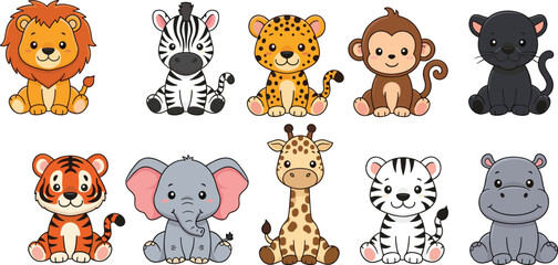 Cute baby animal cartoons, lion zebra cheetah monkey panther tiger elephant giraffe hippopotamus, child friendly wildlife characters, nursery decoration, flat vector illustration © TOMSINA