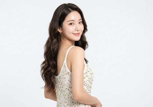 A beautiful young Asian model with long wavy black hair smiles warmly as she looks back over her shoulder while wearing an elegant white lace strap dress against a plain white background