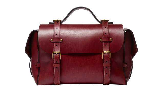 Burgundy leather satchel bag with brass buckles and straps