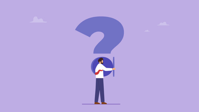 Businessman look to the question sign hole. Looking for answers to questions, problem solving concept.