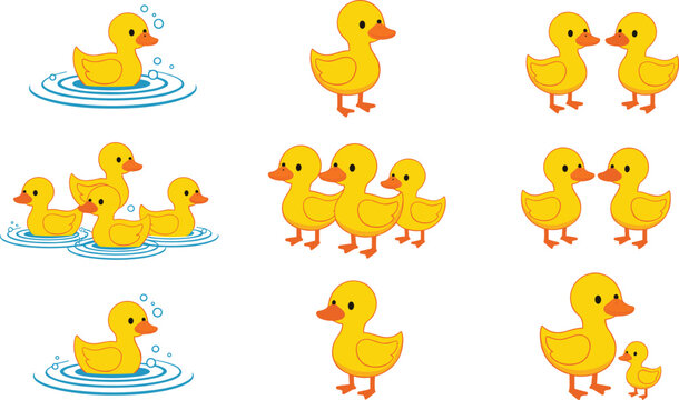 Cute duckling cartoon set, swimming and standing ducks, baby bird characters, water ripples bubbles, family interaction, nursery decoration, playful wildlife, flat vector illustration