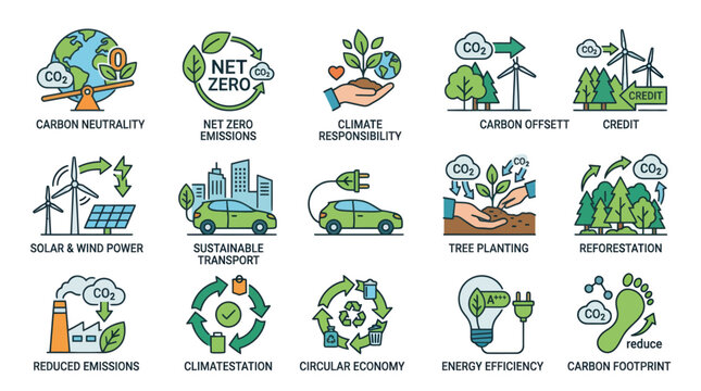 Set of icons representing global climate change and sustainable energy