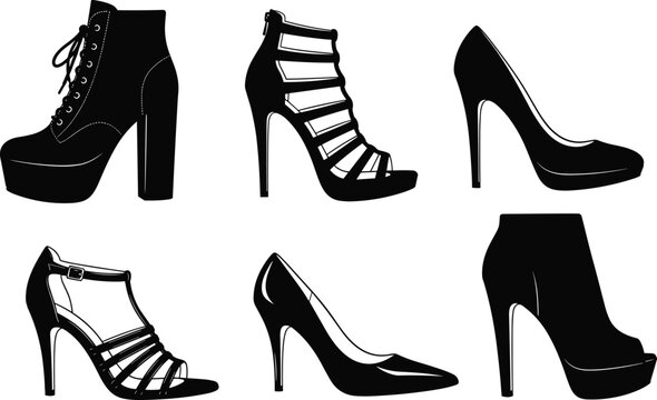 High heel shoe vector illustration set with stiletto pumps, strappy sandals, lace-up boots, peep-toe ankle styles, fashion footwear and silhouette motifs -flat vector illustration