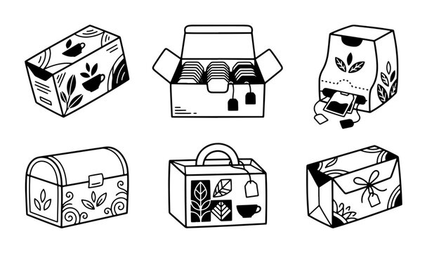 Tea Packaging Icons: Boxes, Chests, and Pouches, Vector Set for Beverage Branding