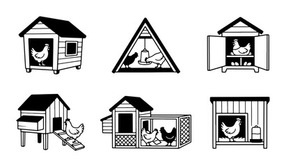 Chicken Coop Icons, Farmhouse Structures, Poultry Housing Vector Set, Rural Animal Shelter Graphics © Tasmia