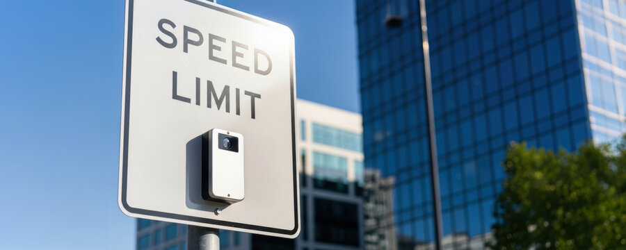 Speed limit sign with camera mounted on pole in urban area showing regulation for vehicles and autonomous driving safety