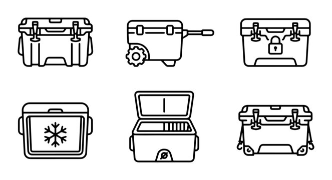 Cooler Icons Set, Portable Ice Chest Vector Graphics, Outdoor Gear Collection, Camping Equipment