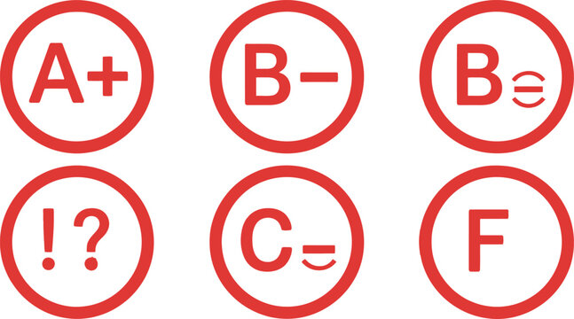 A set of six red circular containing various academic grades and punctuation symbols like a plus, b minus, and f isolated on white