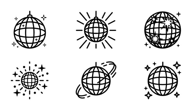 Disco Ball Icons, Retro Party Spheres, Vintage Celebration Lights, Set of 6 Vector Graphics