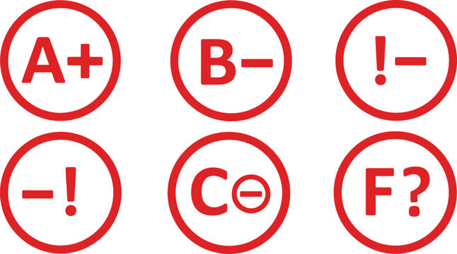A set of six red circular containing various academic grades and punctuation symbols like a plus, b minus, exclamation, and question