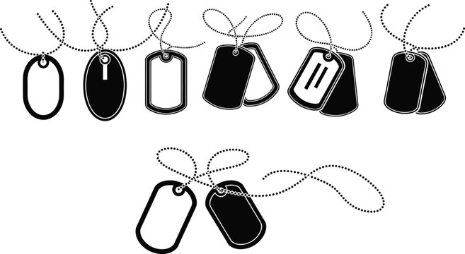 Military dog tag silhouettes, identification chain icons, oval and rectangular tag designs, soldier ID symbol, armed forces equipment, security identity, flat vector illustration