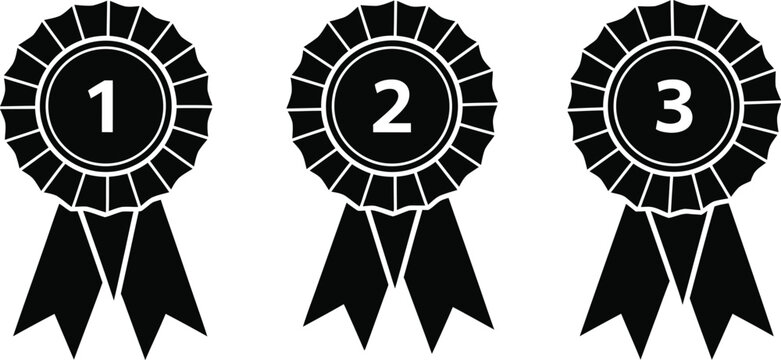 A set of three black ribbons with numbers one, two, and three, representing competition rankings, isolated on a white background