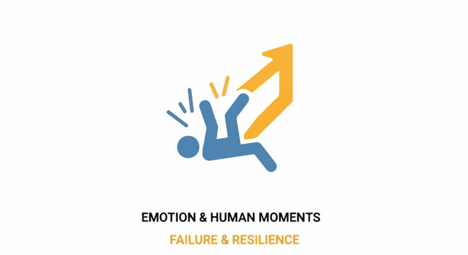 Abstract figure falls then rises with an upward arrow, symbolizing overcoming challenges