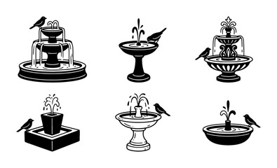 Fototapeta premium Vintage Fountain Icons, Bird Bath Vector Set, Garden Water Feature Graphics, Classic Ornamental Design Elements