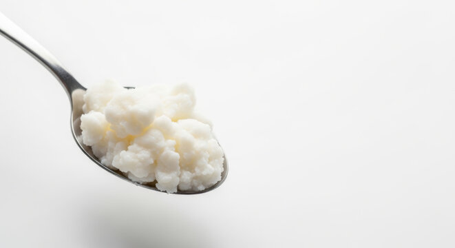 Probiotic kefir grains on spoon help improve gut health and may support fatty liver disease prevention with natural beneficial bacteria effects