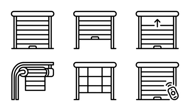 Rolling Door Icons Set, Security Shutter Graphics, Garage Gate Vector Collection, Commercial Entrance Elements