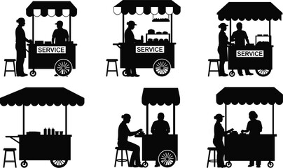 Street vendor cart vector illustration set with silhouettes, canopy stalls, service signs, customer interactions, food selling motifs and marketplace design -flat vector illustration © TOMSINA