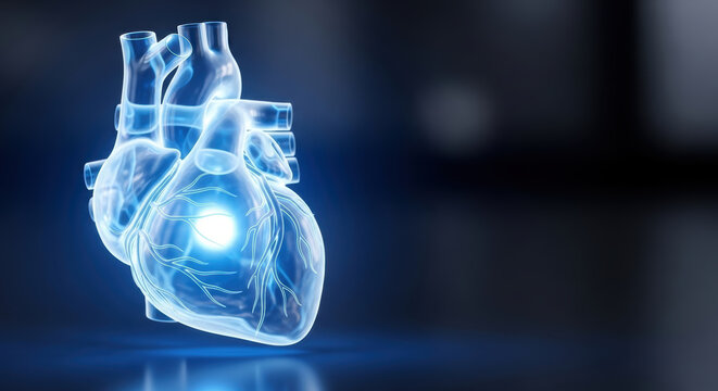 Transparent anatomical heart glowing in blue with visible vessels symbolizing hypertension awareness and cardiovascular risk