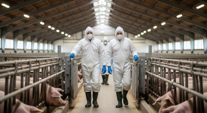 Farm workers in protective suits inspecting livestock and facilities to ensure biosecurity and disease prevention.