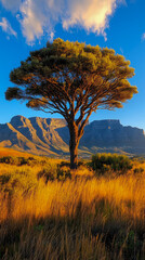 Fototapeta premium Majestic tree stands proudly in golden fynbos landscape, bathed in warm light of sunset, with iconic Table Mountain range forming dramatic backdrop under vibrant blue sky.