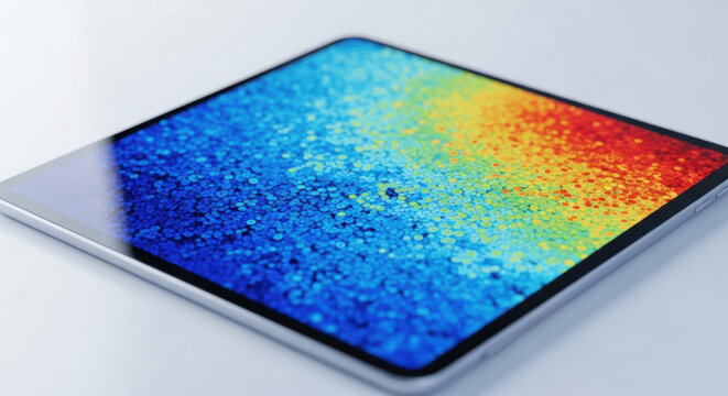 Microbiome health research colorful tablet screen abstract display mosaic pattern showing vibrant blue to orange gradient evoking science
