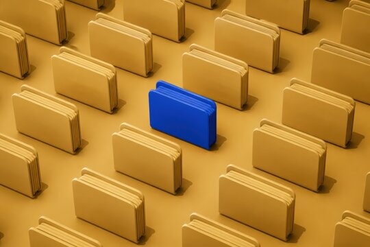 Blue folder standing out among beige file folders in organized 3D layout