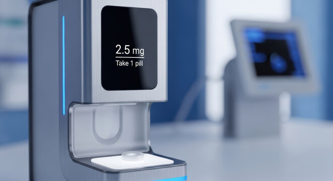 Personalized medicine ai dispenser with single pill dosing shown on digital display modern clinical device conveying precision care