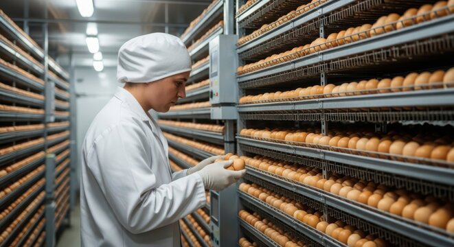 Poultry farm worker carefully inspecting rows of eggs in a modern food production facility