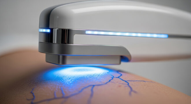 Personalized medicine ai noninvasive skin scanner emitting blue light mapping superficial vein pattern arm for diagnostic imaging and treatment