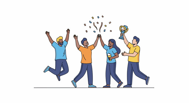Diverse team celebrates success with trophy and confetti