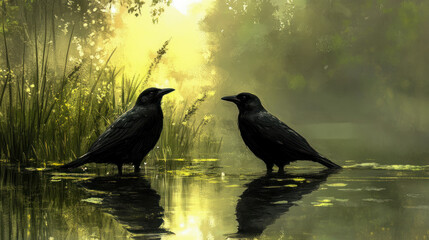 Obraz premium Two mysterious black ravens standing silently in golden illuminated wetland pond at sunrise, reflecting serene morning light in their tranquil watery sanctuary.