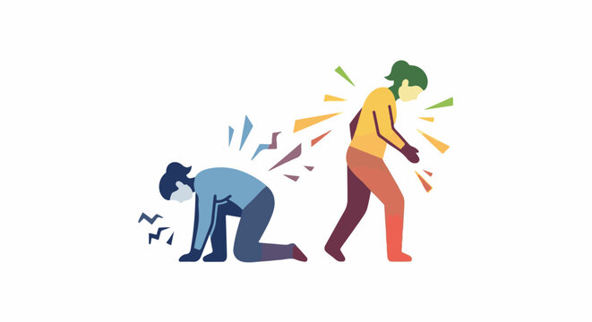 Figures experiencing pain and distress, one collapsing, the other radiating discomfort