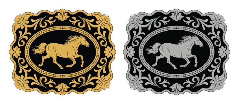 Western cowboy horse belt buckle emblem design with rodeo ranch aesthetic in metallic gold and silver vector illustration