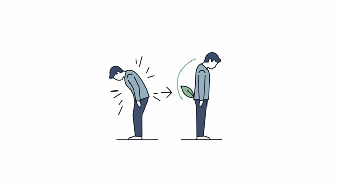Illustration shows a figure bending over and then standing upright with a leaf emerging from its back