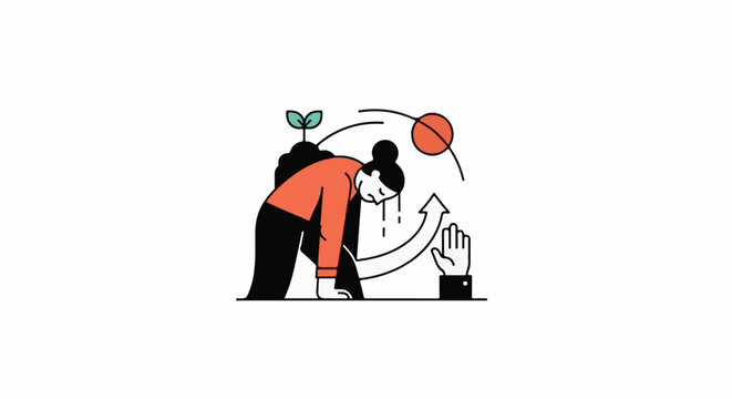 Overwhelmed person with growth sprout, a hand offers support, facing challenges