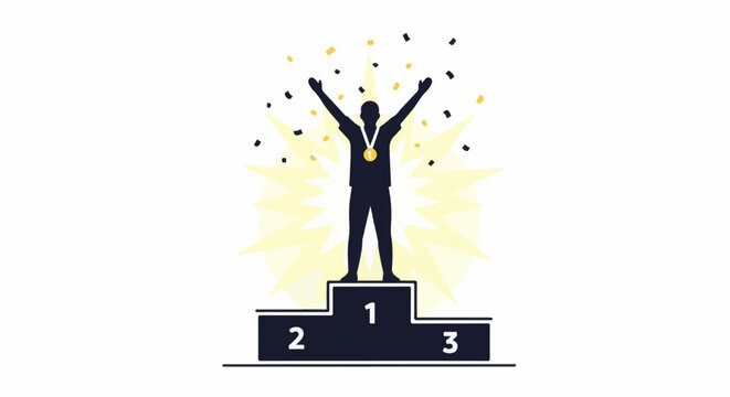 Silhouette of a triumphant winner on a podium, showered in confetti, with a medal