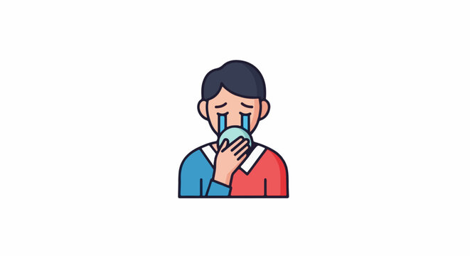 Stylized illustration of a person with dark hair crying into a light blue tissue