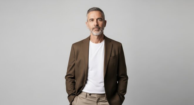 Confident Mature Businessman in Smart Casual Brown Blazer and White T-shirt Standing Against Neutral Grey Background