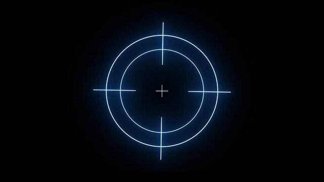 Animated neon target reticle glowing on black background. Futuristic precision aiming icon with dynamic HUD-style tracking effect.