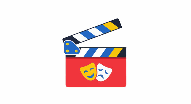 A clapboard with happy and sad theatre masks on a red background