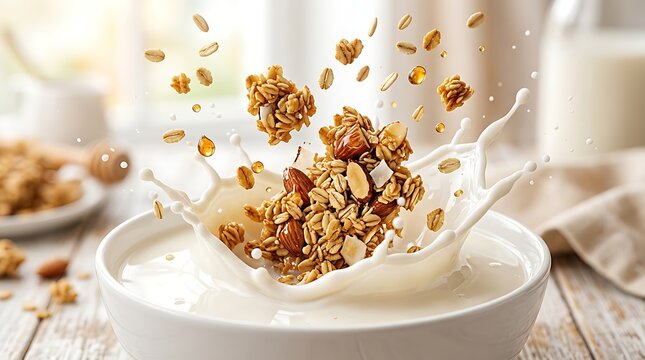 Bongkahan granola dan kacang jatuh ke dalam mangkuk susu almond memercik yang melambangkan awal hari penuh energi dan kesehatan