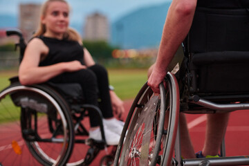 Obraz premium Wheelchair Athletes Training on Outdoor Track Together for Adaptive Sports and Inclusive Fitness