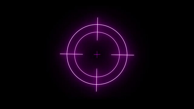 Glowing neon target icon animation on black background. Crosshair aiming concept with futuristic military-style design.
