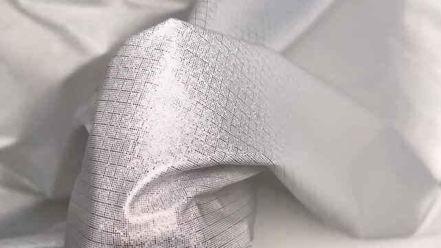 Close up of a shiny silver textile with a subtle grid pattern demonstrating high elasticity and smooth draping qualities while catching ambient light softly.
